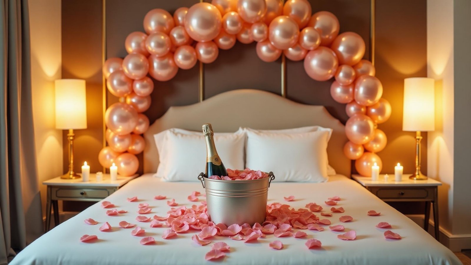 Luxury room decoration with rose petals and balloons